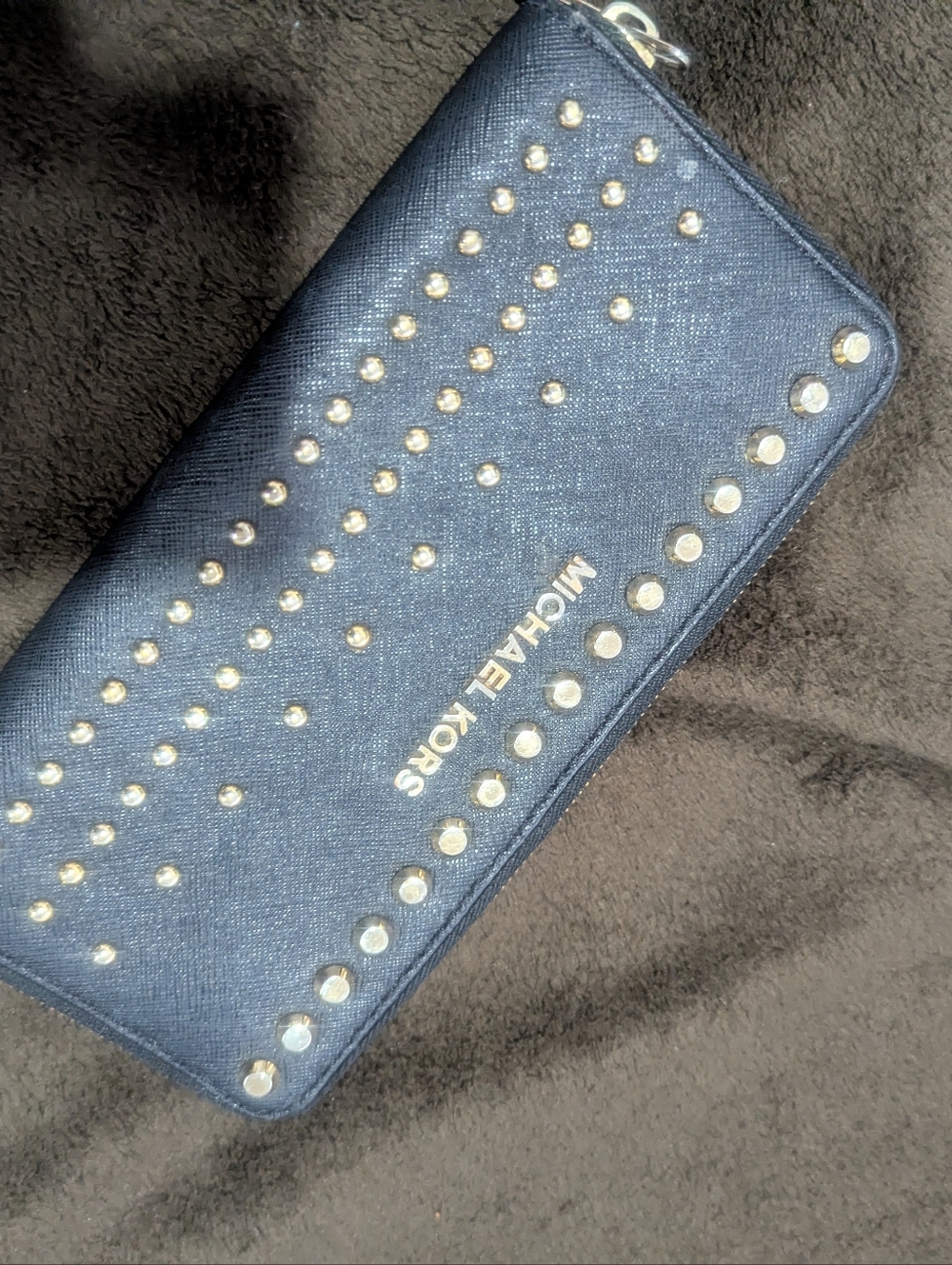 Michael Kors Navy Zip-Around Wallet with Gold Studs